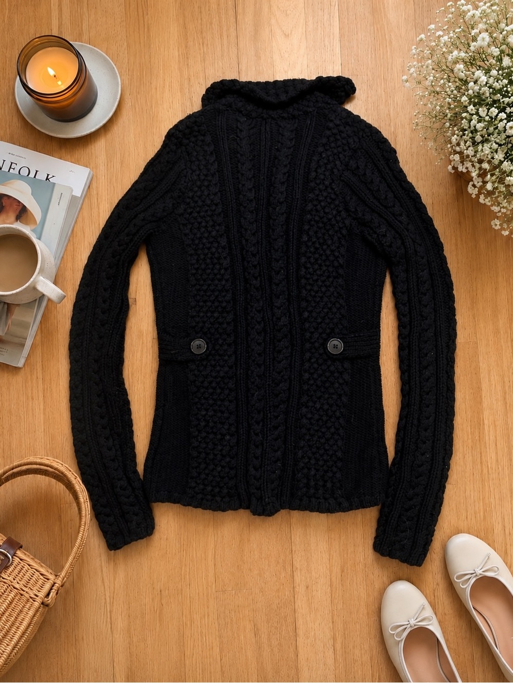 525 America Black 100% Cotton Cable Knit Shawl Collar Button Cardigan Sweater - Picture 2 of 5